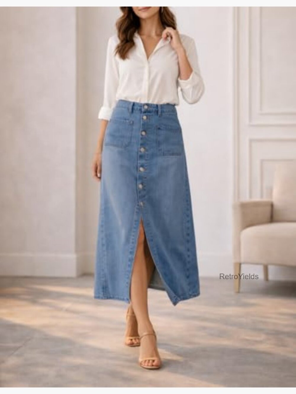 High Waist Denim Midi Skirt with Pockets Button Front Straight Casual - Picture 6 of 6
